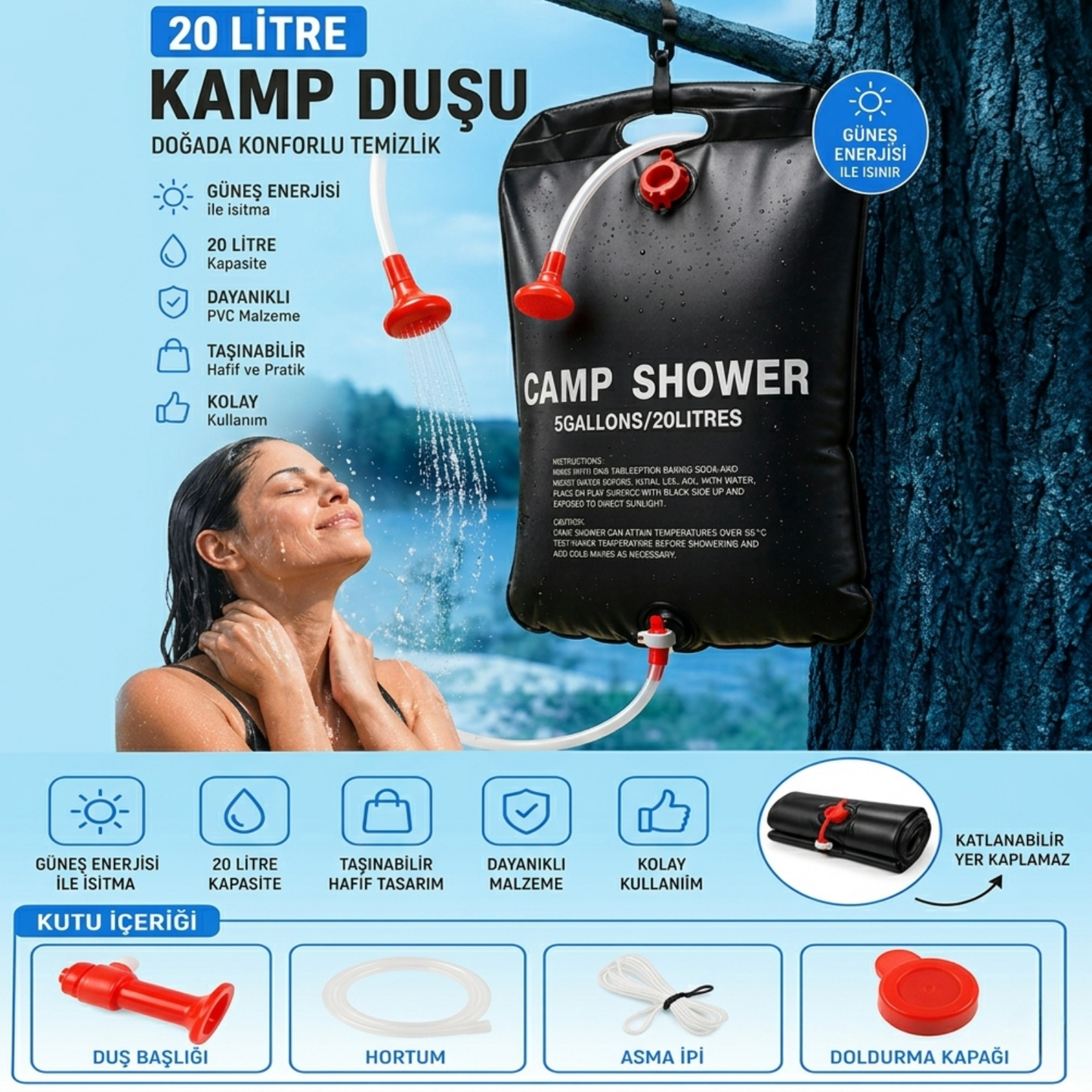 20 Litre Solar Sıcak Kamp Duşu